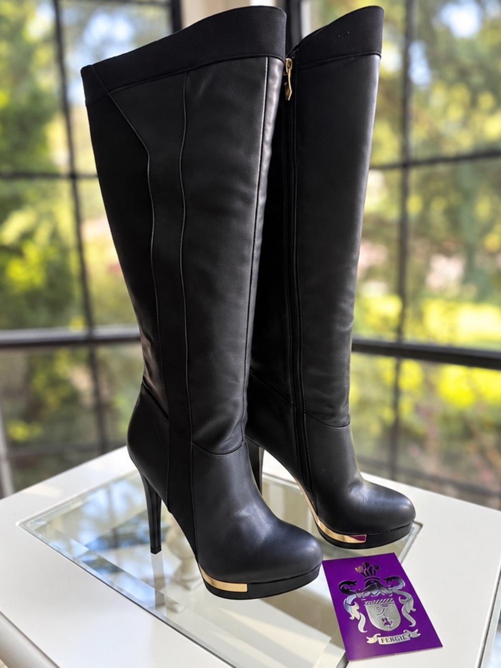Fergie Black Knee High Stiletto Boots Gold Platform Heels
